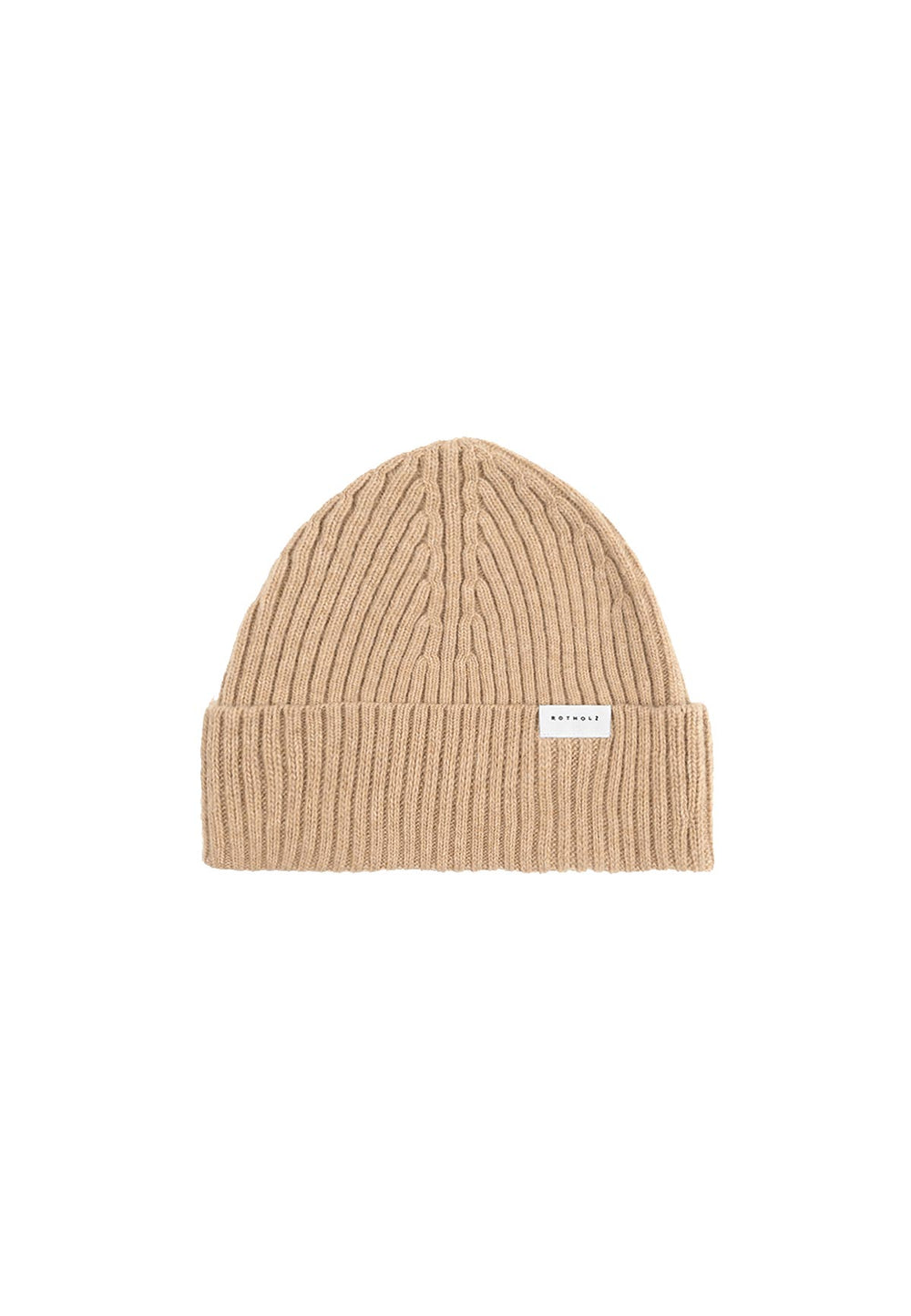 Product photo of a ribbed beanie in beige.