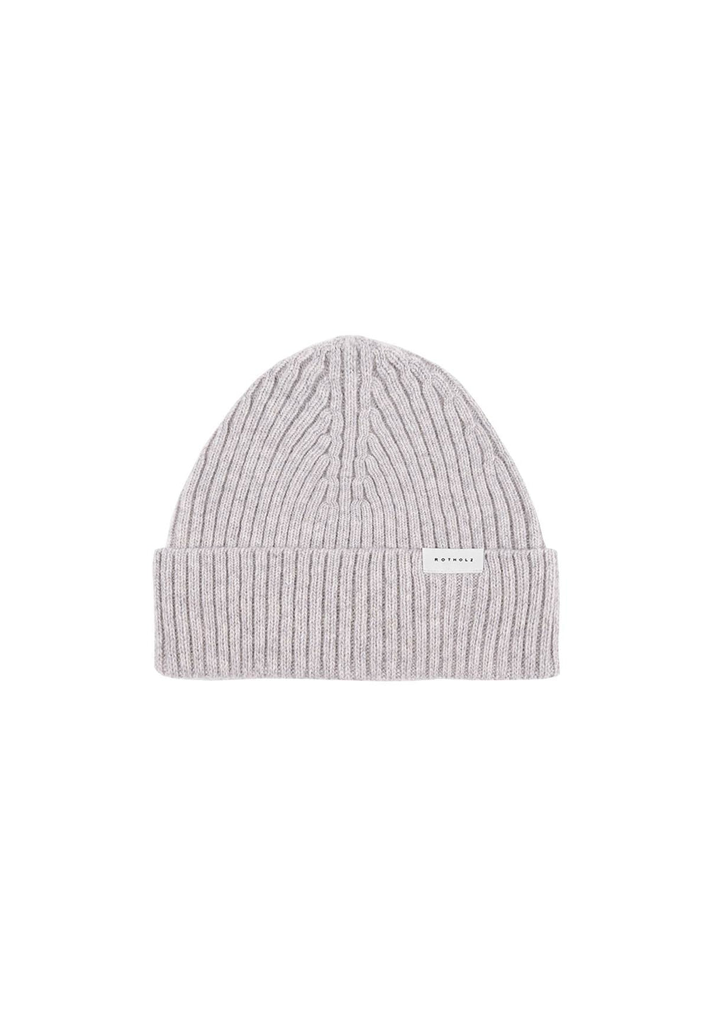 Product photo of a ribbed beanie in light grey.