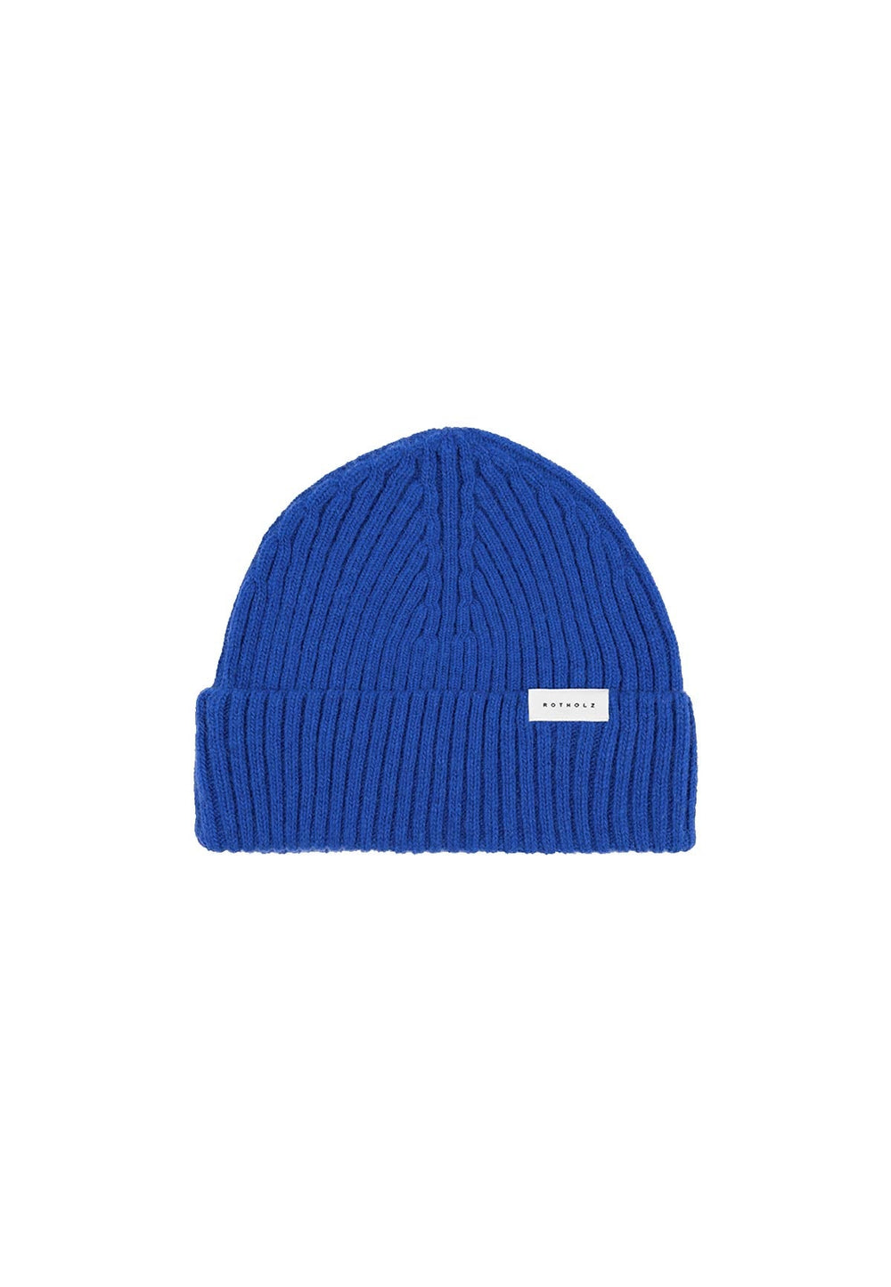 Product photo of a ribbed beanie in cobalt blue.