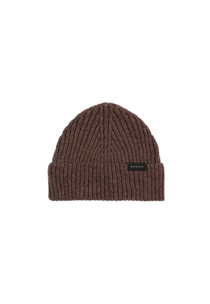 Product photo of a ribbed beanie in brown.