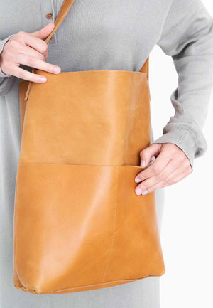 LEATHER TOTE BAG TWO POCKETS NATURAL - Moeon