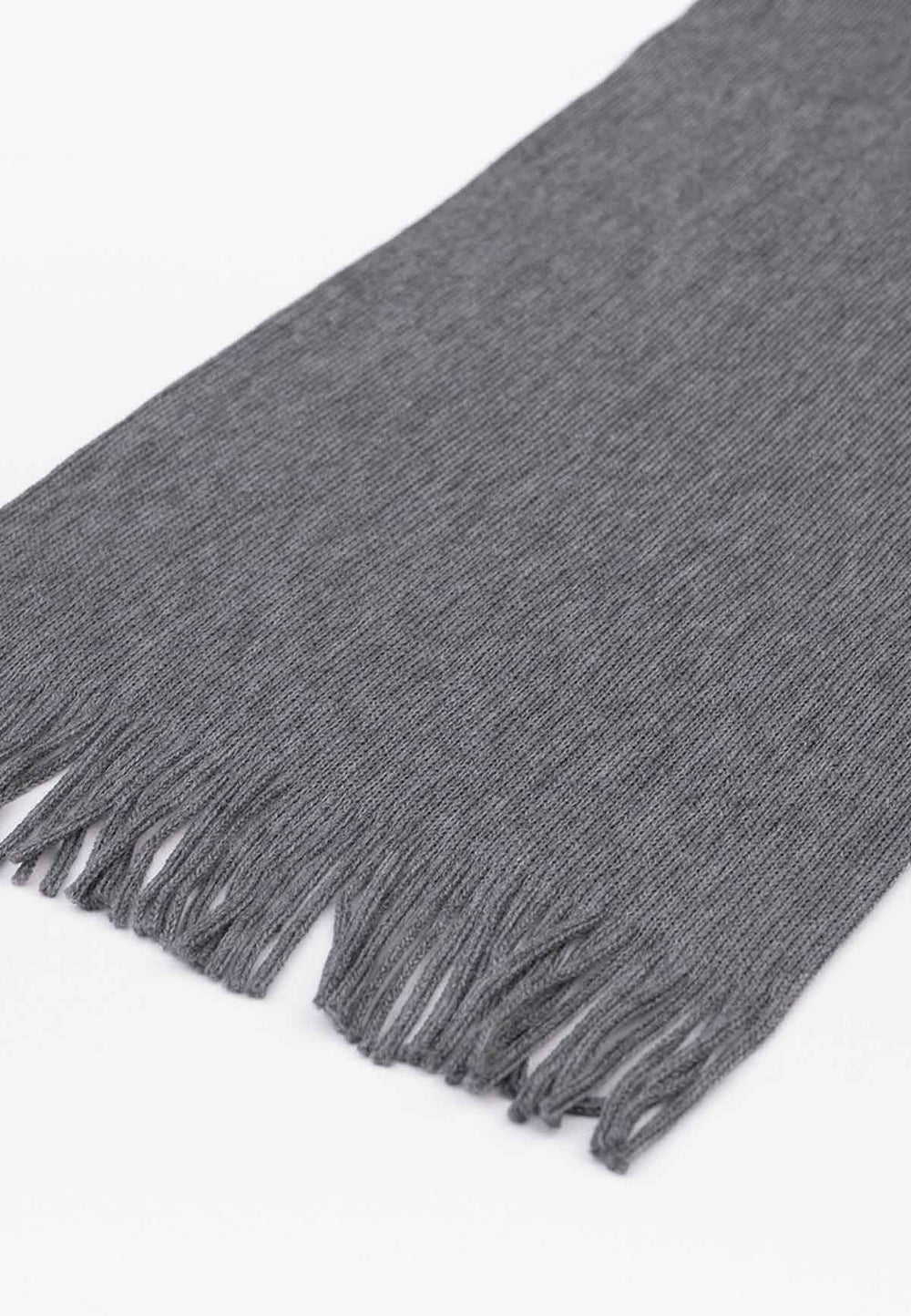 Close up of a merino wool scarf in grey.