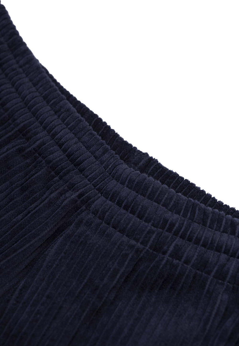 Close up of the waistband of wide corduroy pants in navy.