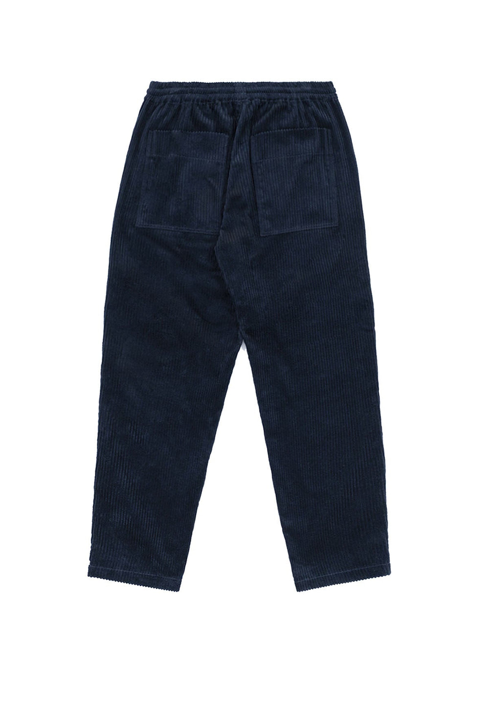 Product photo of the back of wide corduroy pants in deep navy.